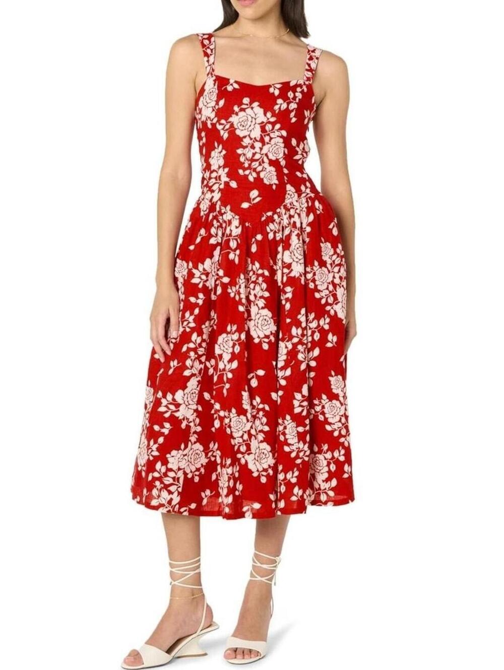25 NWT The Drop Small $80 MSRP Linen Midi Dress w Pockets Red Floral R0000025